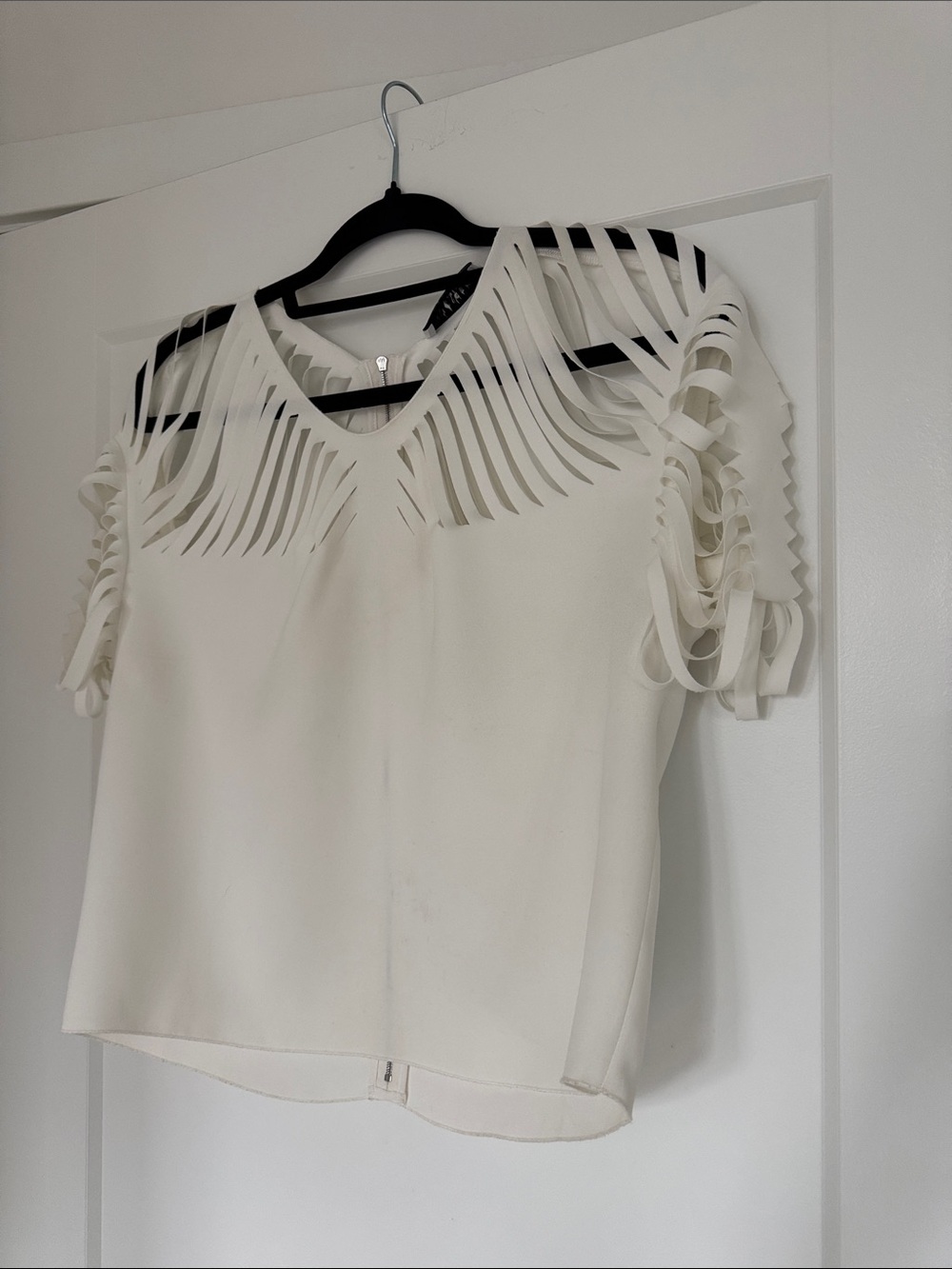 Sandro Ivory Laser-Cut V-Neck Blouse